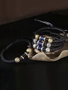 1個手編手工男士招財鈕扣手鍊,適合日常佩戴 - 銀色金錢珠男士手繩 - 查看 13