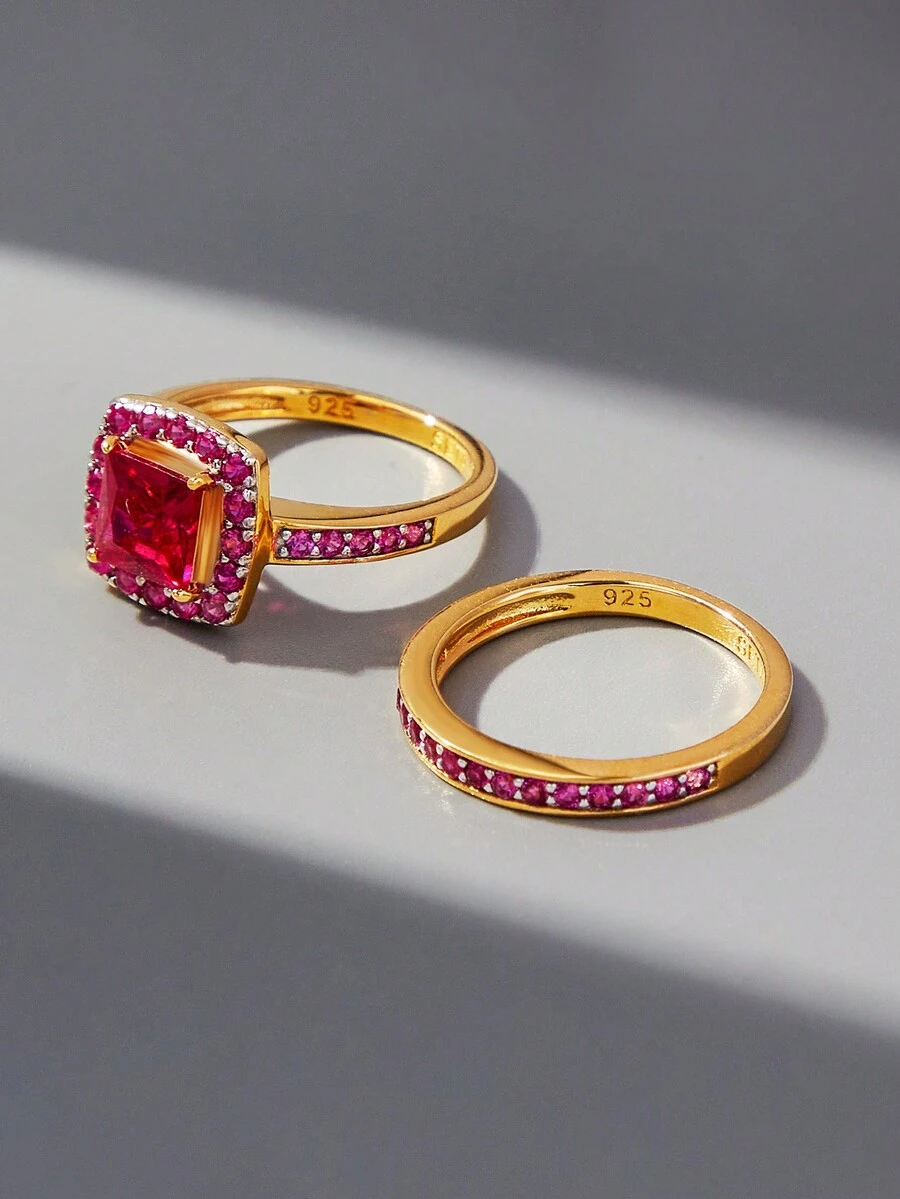 2pcs Simple & Elegant 925 Sterling Silver & Cubic Zirconia Rings For Women's Daily & Festival Wear - Yellow Gold - View 1