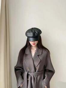 1pc Unisex Solid Color Leather Beret Hat For Spring, Autumn And Winter - Black - View 3