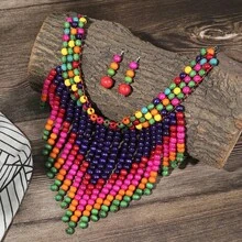 Exaggerated Multilayer Tassel Handmade Beaded Bohemian Necklace And Earrings Set, European And American, African, Korean, Style, For Gala And Vacation - Multicolor - View 10