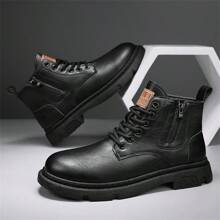 男士靴子,復古摩托車英倫風格皮靴,厚底戶外,真皮男士高筒工作靴,摩托車靴,冬季 - 黑色 - 查看 9