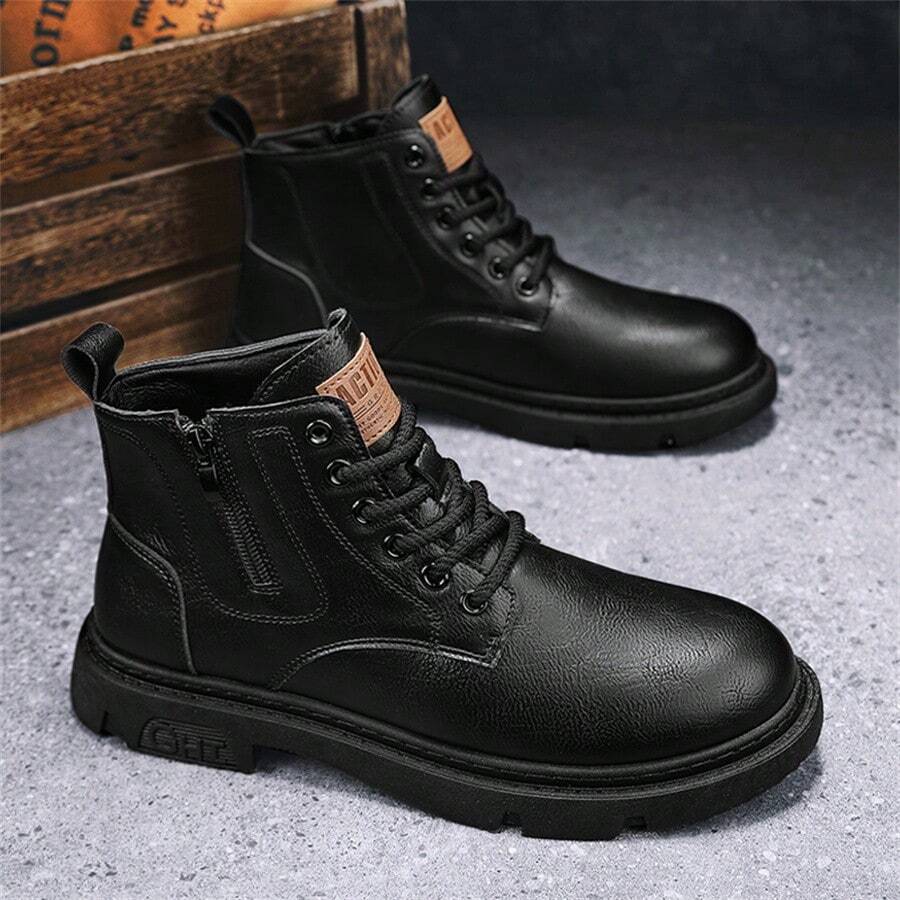 男士靴子,復古摩托車英倫風格皮靴,厚底戶外,真皮男士高筒工作靴,摩托車靴,冬季 - 黑色 - 查看 1