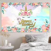 可愛的獨角獸生日裝飾,生日快樂裝飾,生日派對用品bday裝飾和桌布 - 粉紅藍色 - 查看 6