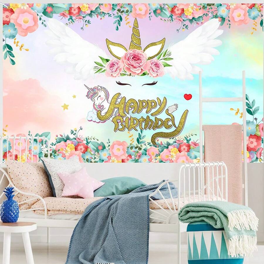 可愛的獨角獸生日裝飾,生日快樂裝飾,生日派對用品bday裝飾和桌布 - 粉紅藍色 - 查看 1