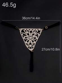 1pc Silver-Color Floral Design Rhinestone Black Lace Thong Body Chain For Beaches Or Sexy Looks - Gold - View 3