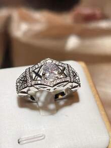 艾菲爾鐵塔訂婚銀戒指,超級閃閃發光,心形設計,適合情侶 - 銀色 - 查看 4