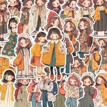48张/包 秋季人物涂鸦跨境贴纸，适用于装饰行李箱、水瓶、头盔、制作剪贴簿、手机壳。