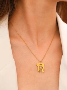 不銹鋼智齒吊墜鏈項鍊,美觀項鍊,時尚男女通用項鍊,女孩派對禮物 - 金色 - 查看 1