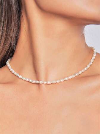 1pc Classic 4.5-5.5 MM Rice Shape Cultural Pearl Beaded Necklace, Best For Friend Gift Wedding Jewelry Bridal Jewelry