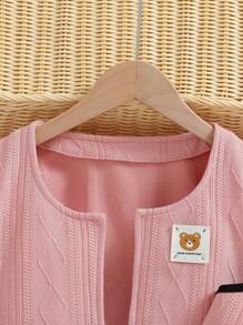少女用針織開衫外套和拼接飾邊背心裙套裝，春秋季節 - 粉色 - 查看 3