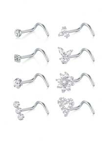 CIZME 8 piezas/set Pendientes de nariz de plata y oro para mujeres de 18G 20G, pendientes de nariz en forma de sacacorchos en L, pendientes de nariz de acero inoxidable, joyas de piercing de nariz de acero inoxidable para fosa nasal
