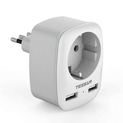  TESSAN Adattatore Tedesca Italiana, Adattatore da Viaggio Italia con 2 USB 2,4A, Adattatore Spina Italia Tipo L, Adattatore Presa Schuko Italia, Adattatore Presa Italiana per Italia, Cile, Uruguay
