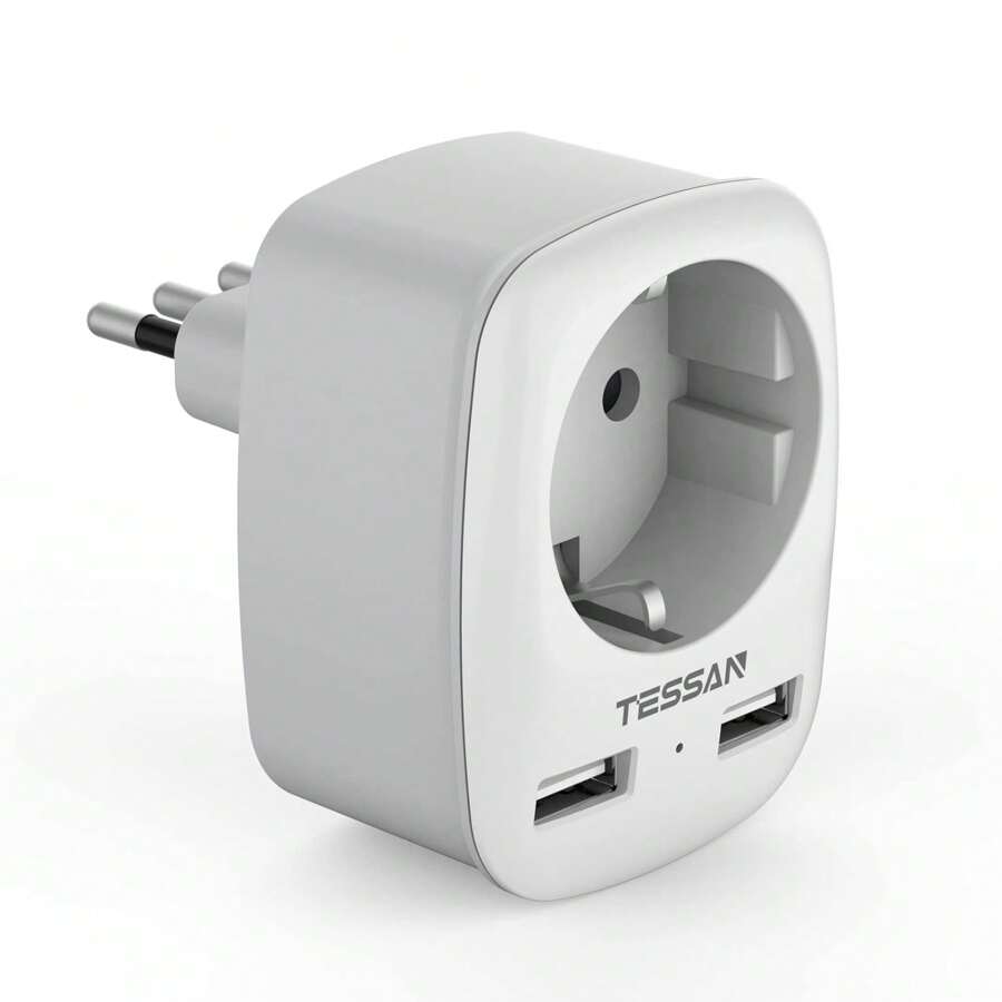 TESSAN Adaptador Corriente España Italia, Adaptador L España Chile con 2 USB, Adaptador Enchufe Italiano para Italia, Italiano, Uruguay y Chile, Adaptador Viaje Chile, Tipo L - Gris - Ver 1
