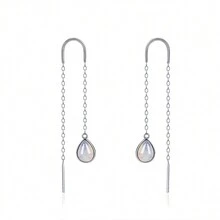 Moonmory 一對月石露耳環女式月石吊墜耳環,寶石誕生石長鏈下垂耳環時尚珠寶禮物適合女人女孩水滴造型