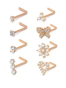 CIZME 8 piezas/set Pendientes de nariz de plata y oro para mujeres de 18G 20G, pendientes de nariz en forma de sacacorchos en L, pendientes de nariz de acero inoxidable, joyas de piercing de nariz de acero inoxidable para fosa nasal
