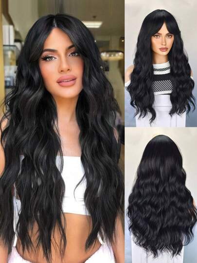 Peluca larga de mujer con ondas negras y flequillo, peluca de onda de agua, fibra sintética resistente al calor, adecuada para uso diario y fiestas