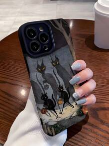 黑色手繪貓咪Iphone 15 14 13 12 11 Pro Max全包式仿皮套，適用於蘋果14 15 Plus軟硅膠保護套配件 - 黑色 - 查看 5