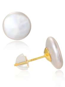 1 par de pendientes de botón de perla cultivada de agua dulce barroca blanca de 11-12mm, regalo de cumpleaños para amigos, regalo del Día de San Valentín - Dorado - Ver 1