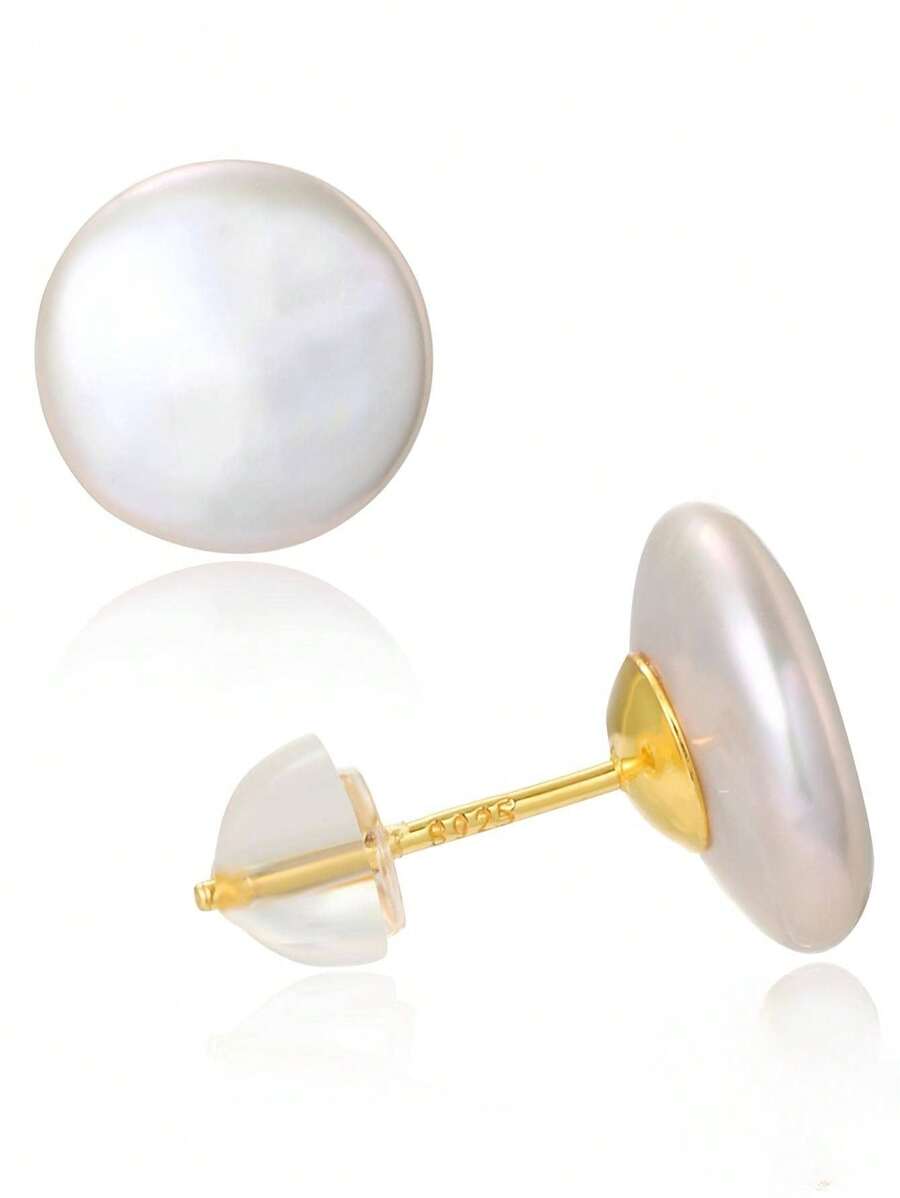 1 par de pendientes de botón de perla cultivada de agua dulce barroca blanca de 11-12mm, regalo de cumpleaños para amigos, regalo del Día de San Valentín - Dorado - Ver 1