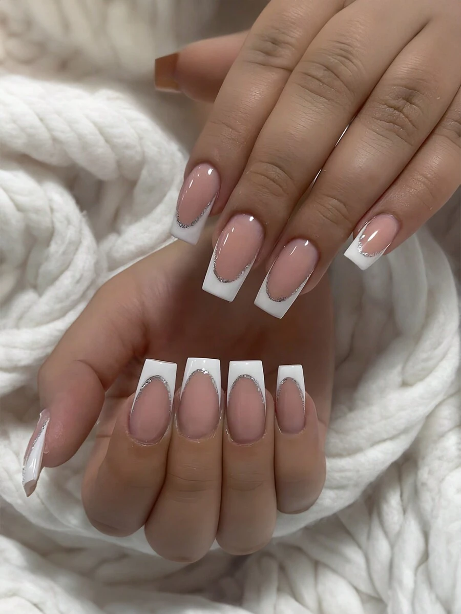 24 Móng tay đeo hình vuông với các cạnh màu trắng đơn giản theo phong cách Pháp Được trang bị keo thạch Một dũa móng tay Một dũa móng tay cho phụ nữ và trẻ em gái Bấm vào móng tay Đồ dùng làm móng - Nhiều màu - Xem 1