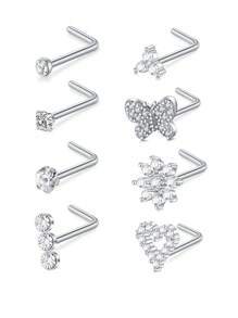 CIZME 8 piezas/set Pendientes de nariz de plata y oro para mujeres de 18G 20G, pendientes de nariz en forma de sacacorchos en L, pendientes de nariz de acero inoxidable, joyas de piercing de nariz de acero inoxidable para fosa nasal