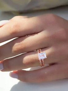 2入組浪漫婚約結婚戒指立方氧化鋯永恆戒指手工純銀戒指,附贈禮品盒,適合作為紀念日禮物或情人節禮物,送給妻子的精品珠寶禮物(禮盒顏色隨機發送) - 玫瑰金 - 查看 2