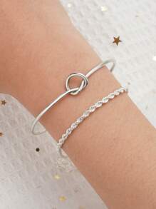 2入組創意時尚糸狀繩鏈心結女款手鍊套裝 - 銀色 - 查看 1