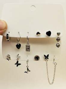 European And American Personalized Butterfly And Heart Shaped Oil Drop Earrings Set - Silver - View 2