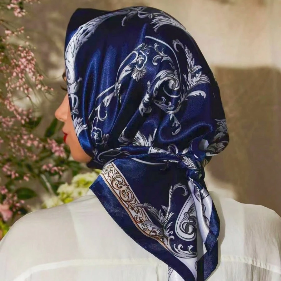 1 Piece Of Women'S Navy Blue Printed Imitation Silk Satin Decoration, Fashionable And Versatile, Popular, Elegant, Mature And Light Luxury Turban, Suitable For Daily Use All Year Round, A Gift For Mother - Navy Blue - View 1