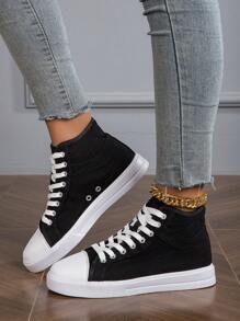 新款女士休閒運動鞋,帆布鞋,高筒鞋,透氣舒適,加大尺碼溜冰鞋 - 黑與白 - 查看 5