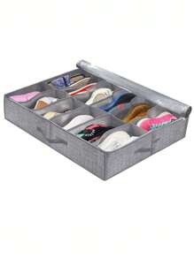 1pc Under Bed Shoe Storage Organizer, Foldable Fabric Shoe Container With Transparent Cover & Window, Storage Bag With 2 Handles - Grey - View 5