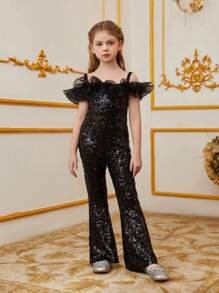 Tween Girl Cold Shoulder Frilled Trim & Sequin Detail Jumpsuit - Black - View 1