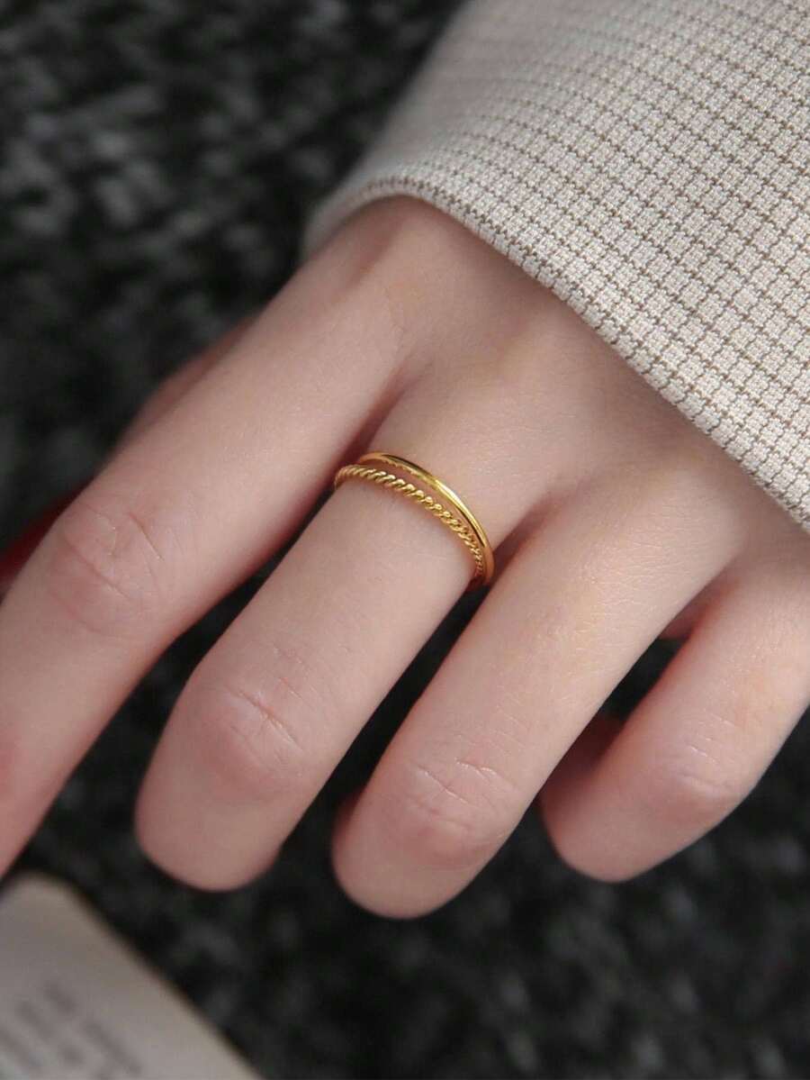 1入組休閒極簡純銀多層戒指適合女士適合派對禮品 - 金色 - 查看 1