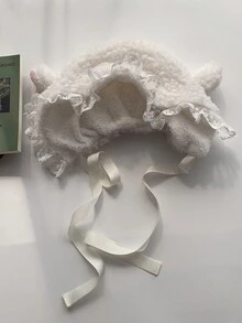 可爱萝莉蕾丝耳朵毛绒帽子秋冬腮红小猪毛绒帽子女冬季毛绒保暖护耳雷锋帽 - 白色 - 查看 1