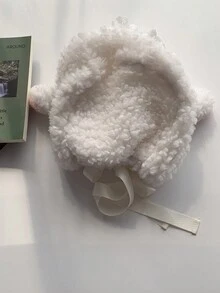 可爱萝莉蕾丝耳朵毛绒帽子秋冬腮红小猪毛绒帽子女冬季毛绒保暖护耳雷锋帽 - 白色 - 查看 7