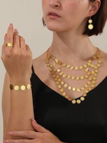 5pcs/Set Deluxe Ancient Coin Design Earrings, Necklace, Bracelet, Ring Jewelry Set - Yellow Gold - View 3