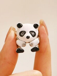 3 件套創意卡通熊貓開口戒指套裝適合女士/女孩,節日禮物 - 銀色 - 查看 1