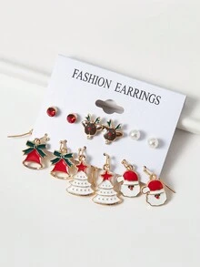 6 對女孩聖誕主題可愛精緻金屬吊式耳環(聖誕老人、聖誕樹、雪人、鈴鐺) - 彩色 - 查看 4