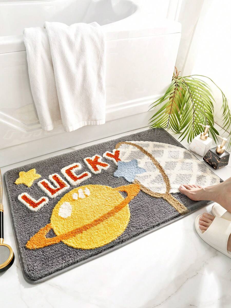 Flocked Polyester Material Rug Suitable For All Seasons With Lucky Letter & Planet Print, Cute Cartoon Design, Anti-Slip Tpr Bottom, Soft, Comfortable, Water Absorbent, Great For Bathroom, Shower, Bathtub, Sink - 1pc - Multicolor - View 1