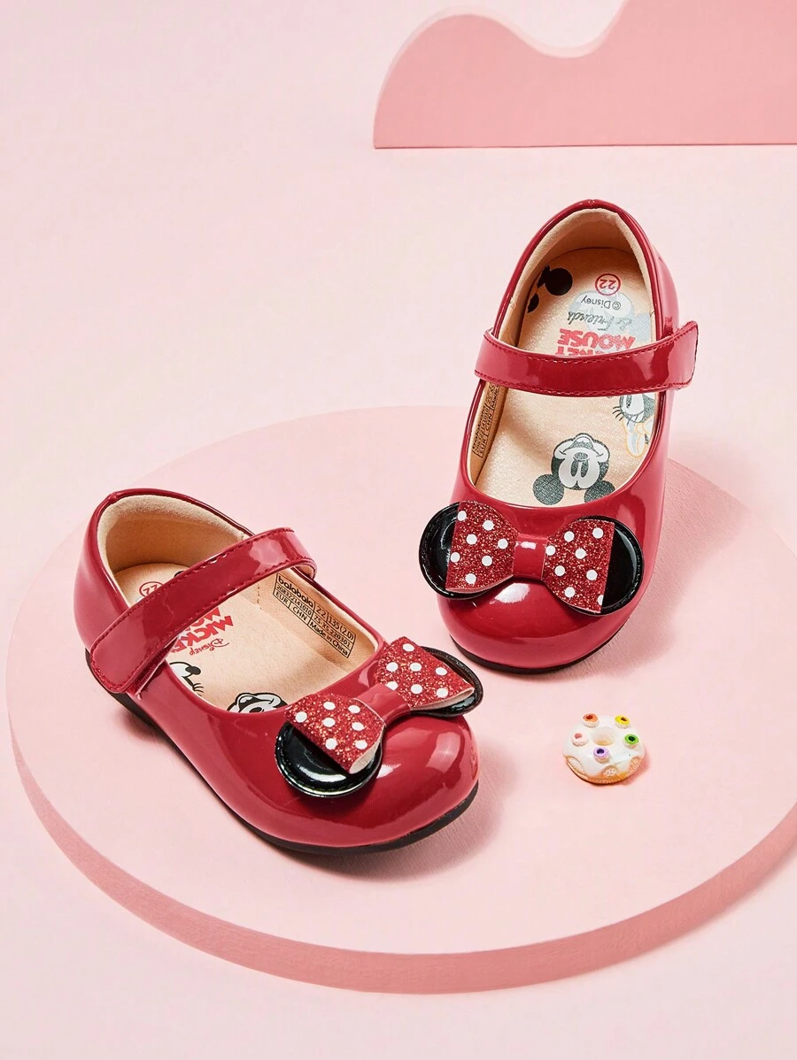 Balabala 秋冬季女宝宝可爱米妮老鼠蝴蝶结耐磨软底儿童皮鞋红色