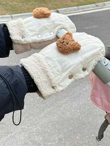 Guantes gruesos para el manillar del cochecito de bebé para otoño e invierno, guantes de calentamiento para el carrito de bebé con diseño de oso lindo