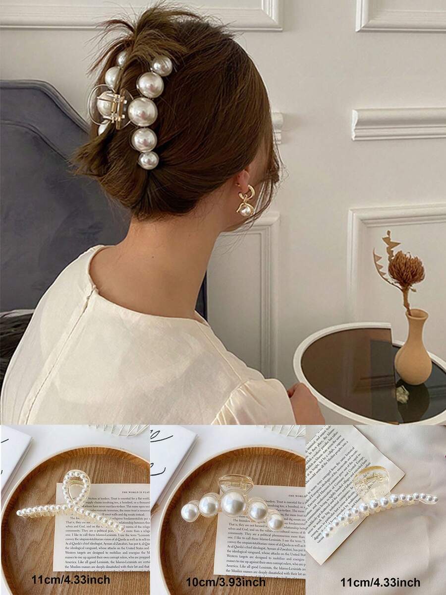 1個女士大珍珠著裝夾,優雅設計,適合日常穿著和拍照使用 - 黑色 - 查看 1