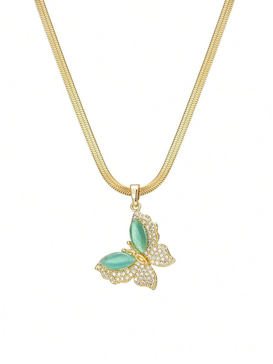 1條金色質感不鏽鋼扁鍊項鍊,鑲嵌鑽石和白貓眼蝴蝶吊墜,時尚簡單,男女皆宜,適合化裝舞會、萬聖節、聖誕節或日常佩戴 - 薄荷綠 - 查看 1