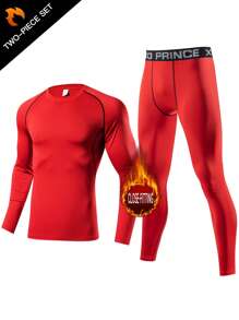 男士压缩健身套装，包括长袖上衣和长裤，适合篮球、足球、运动服、紧身汗衫、跑步 - 紅色 - 查看 1