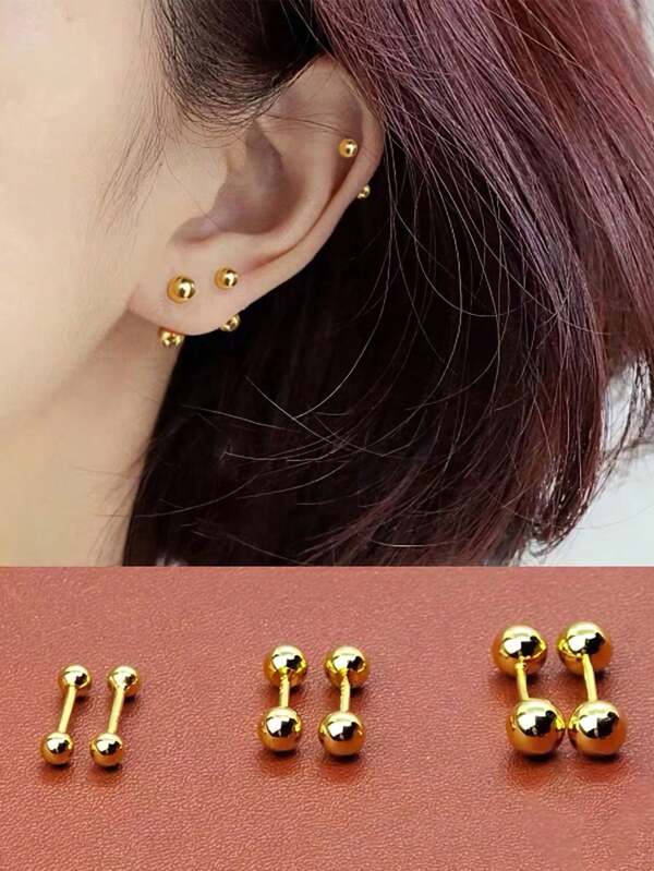 GAGAFEEL A Pair Of Sterling S925 Silver Vintage Simple Small Thread Beads Rose Gold Ear Studs For Women Men Fashion Earring Daily Life Jewelry Gift