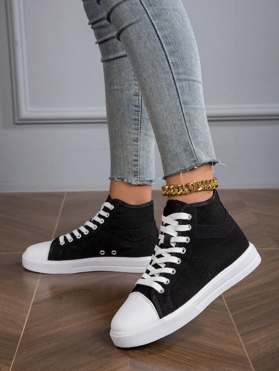 新款女士休閒運動鞋,帆布鞋,高筒鞋,透氣舒適,加大尺碼溜冰鞋 - 黑與白 - 查看 1