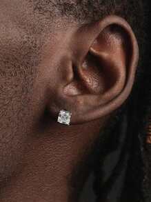 1pair of Shiny 7MM Cubic Zirconia s925 Sterling Silver Square Stud Earrings Fine Jewelry Gifts For Men - Silver - View 2