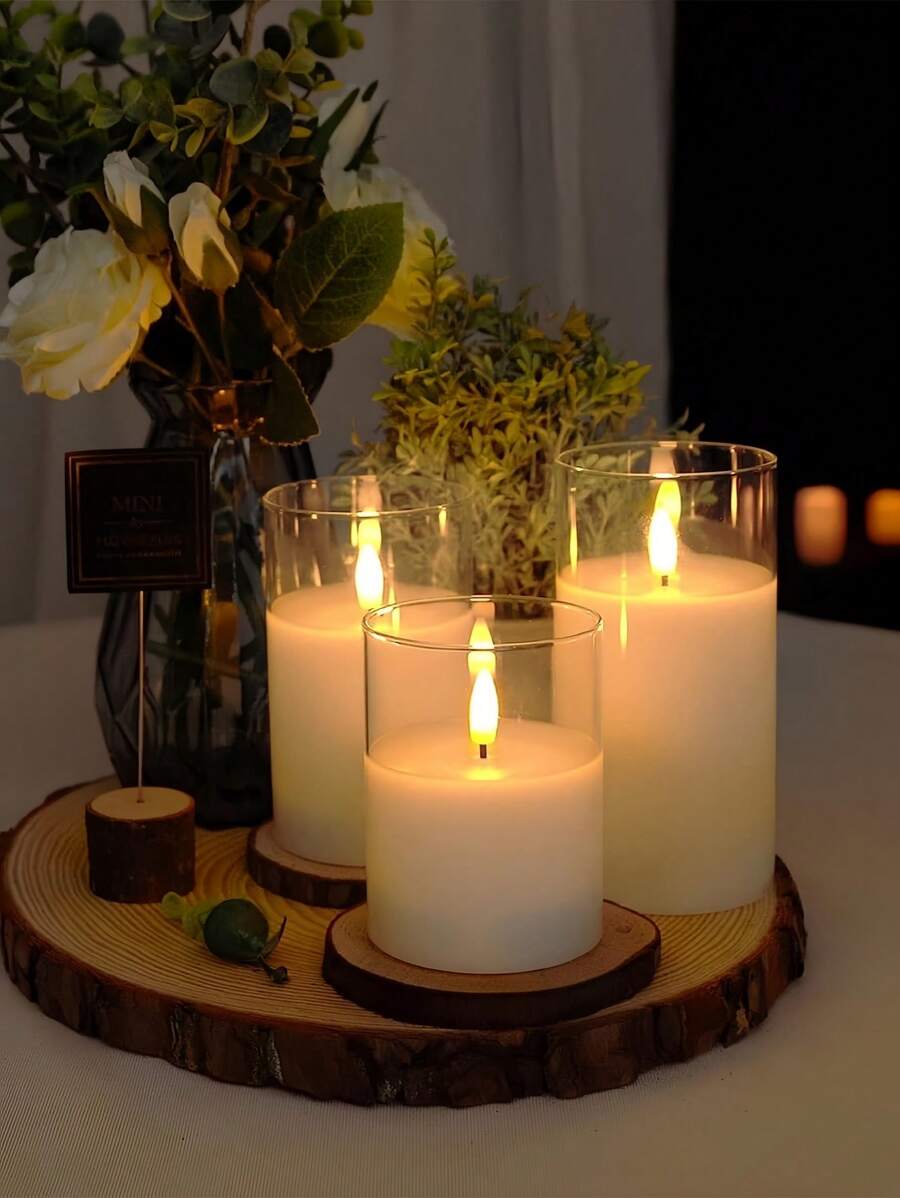 3pcs White LED Flameless Candles, LED Electronic Pillar Candles, Battery Powered Fake Candles, Suitable For Home Decor, Party, Proposal, Wedding, Christmas, Halloween, Tabletop Decorative Lights, D3" H4" 5" 6" - White - View 1