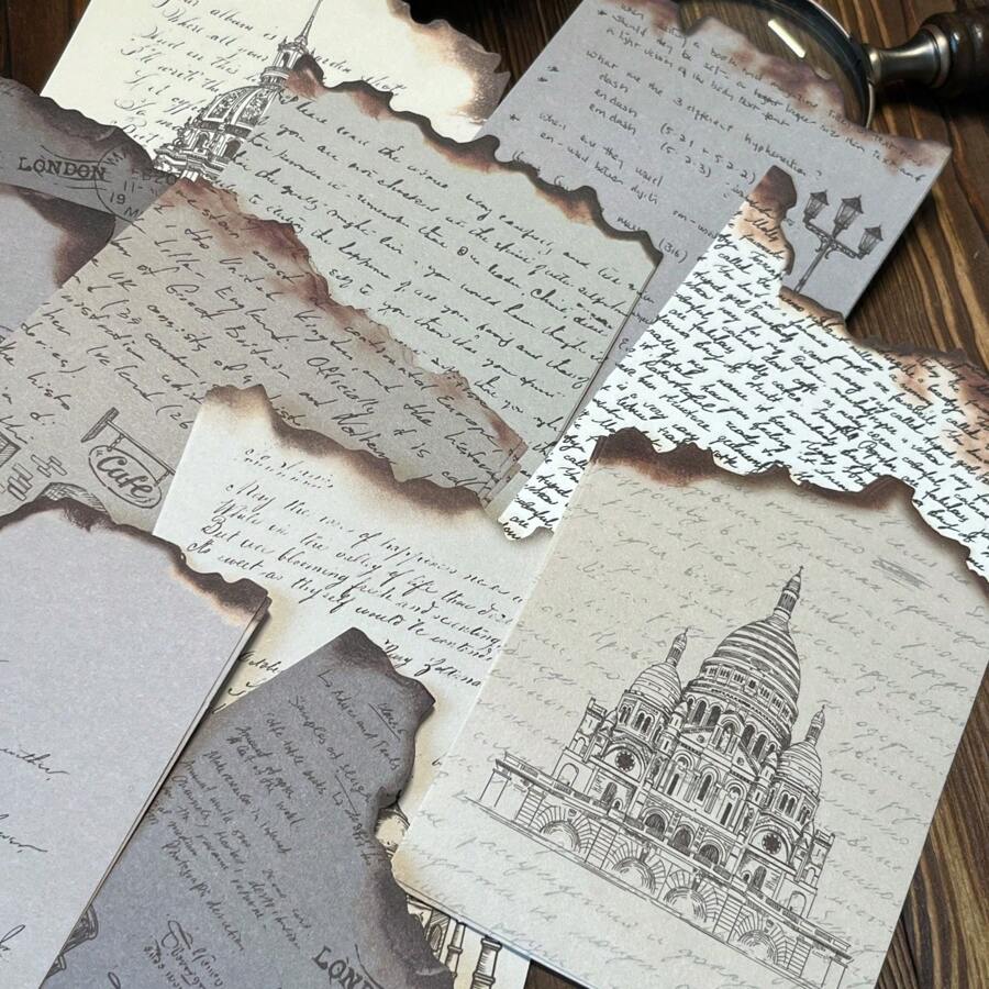 30 Sheets Vintage Burned Edges Asymmetric Shape English Letter Design Writing Paper Set For Diy Scrapbooking, Decoration, Background Back To School - Multicolor - View 1