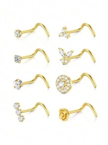 CIZME 8 piezas/set Pendientes de nariz de plata y oro para mujeres de 18G 20G, pendientes de nariz en forma de sacacorchos en L, pendientes de nariz de acero inoxidable, joyas de piercing de nariz de acero inoxidable para fosa nasal